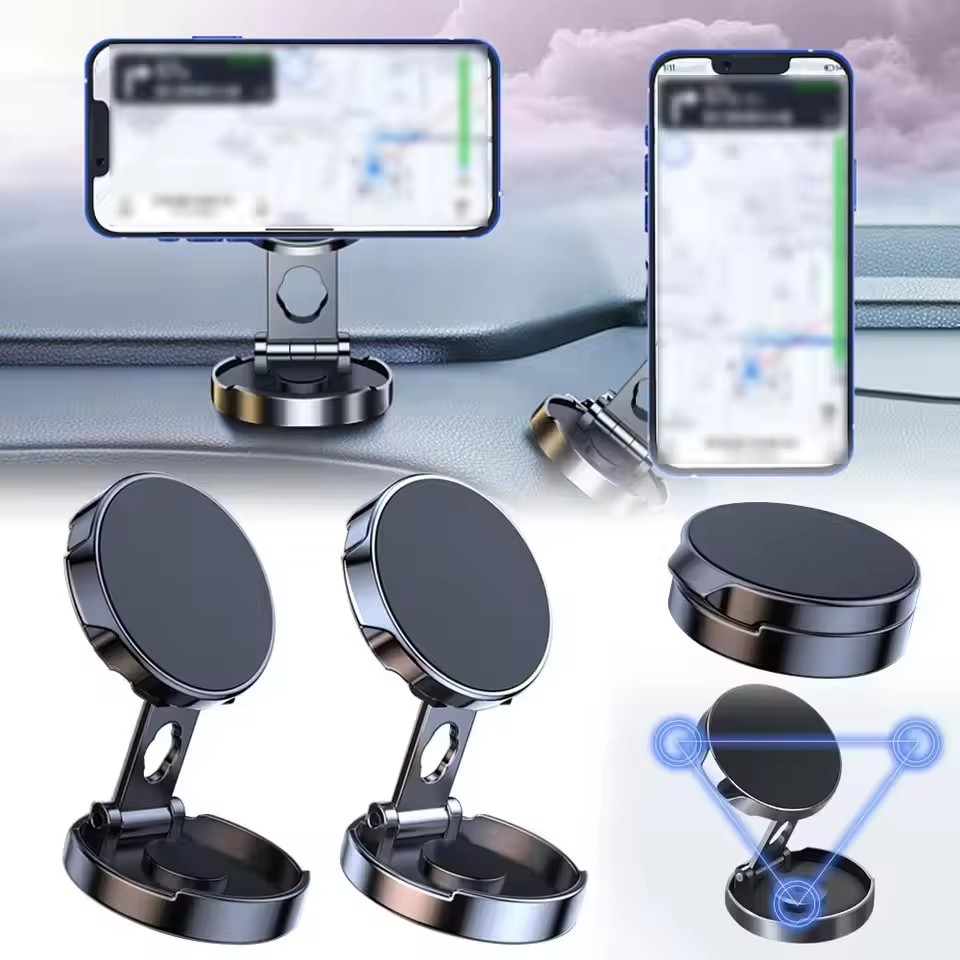 Useful Electronic Gadgets - ラウンド折りたたみ式磁気カーホルダー 360度回転可能 携帯電話ブラケットマウント 強力マグネットサポート iPhone Samsung対応スタンド